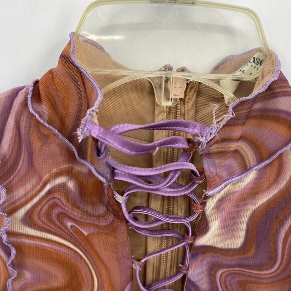 House of CB Dylan Bodycon Mini Dress Purple Brown Mesh Lace Up Front Size M - Picture 3 of 9